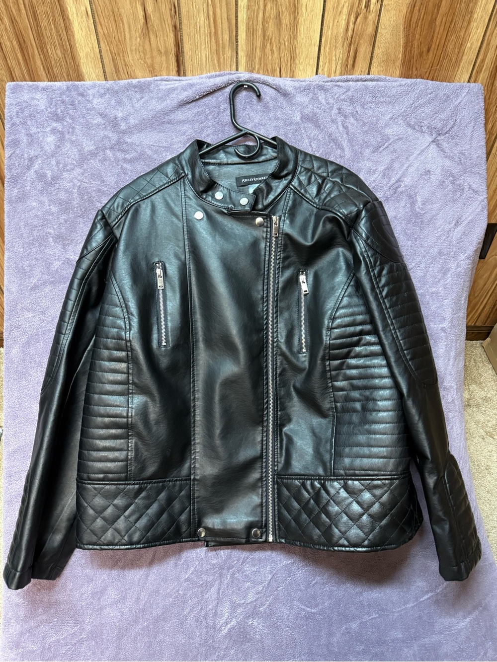 Ashley Stewart Black Quilted Faux Leather Moto Jacket